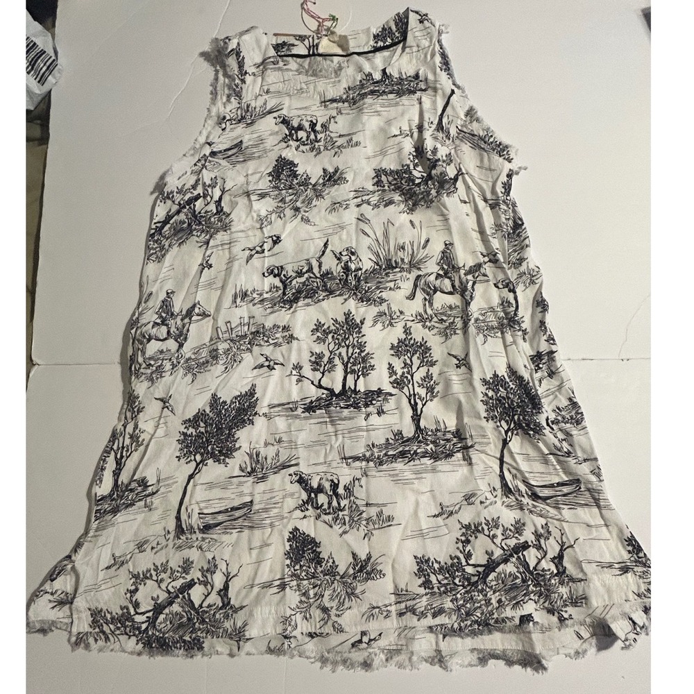 Umgee Women Cream Black Toile Pastoral Print Sleeveless Frayed Hem Dress Lg